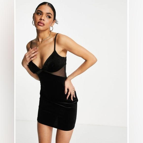 ASOS Women’s Velvet Black Mini Dress with Mesh Cut Outs Size 4 - Picture 1 of 4